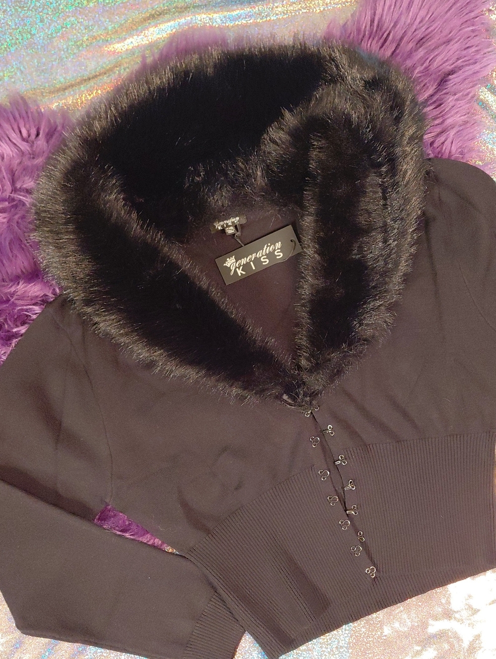 DOLLSKILL GENERATION KISS Black Cropped Jacket with Faux Fur Collar HOOK/ EYE